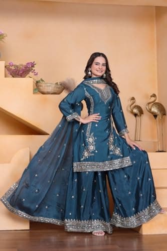 CLOSTYLE Women's Teal Blue Embroidered Sharara Suit Set with Dupatta, Traditional Indian Ethnic Wear, Party Wedding Dress (IN, Alpha, 2XL, Regular) 4