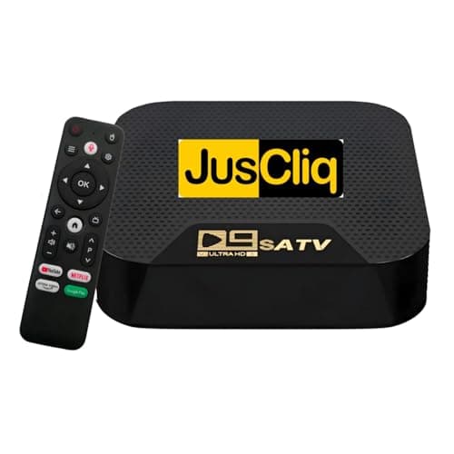 JusCliq Android TV Box D9 SATV, 4K Ultra HD, 4GB RAM 32GB Storage, Android 13.0, Dual Band WiFi 5, Bluetooth 5.0, Voice Remote Control, Black