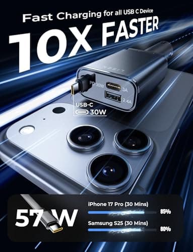 LISEN Car Charger, Cigarette Lighter Socket, USB-C PD30W, Retractable Charging Cable, Total 57 W, 3 in 1 Connector Socket, USB Rapid Charging, Car Charger, Type C, Car Accessories, Official Car Goods 2
