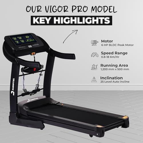 Durafit91™ Vigor Pro 6 HP Peak BLDC Motorized Hydraulic Foldable Treadmill | 25 Level Auto Incline |18 Km/Hr Max Speed | Max User Weight 150 Kg | Bluetooth Speaker | Wynd app | Home use 3