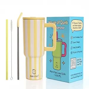 House of Quirk 1200ML Stainless Steel Tumbler with Handle & Lid, 2 Straws – Large Travel Mug Water Cup for Gym, Office & Outdoor Use (Butter Stripe)