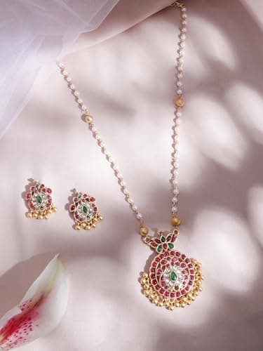 Rubans Gold-Plated Handcrafted Artificial Jewelry Set with Ruby, White Emerald Studs & Gold-White Beads with Earrings For Women and Girls – Perfect for Weddings and Special Occasions 3