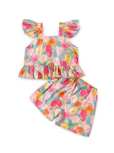 SKYCARRY Ages 1 to 6 Years Girls Cotton Dress Two Piece Floral Print Kids Clothes Ruffle Square Neck Top and Shorts Set Summer Beach Western Outfit for Girl Toddler Clothing Sets