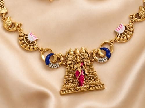 Dvina Glow Gold Plated Meenakshi Amman Temple Jewellery Necklace Set for Women | South Indian Antique Traditional Necklace with Matching Jhumka Earrings | Ethnic Bridal Wedding Festive Jewellery 5