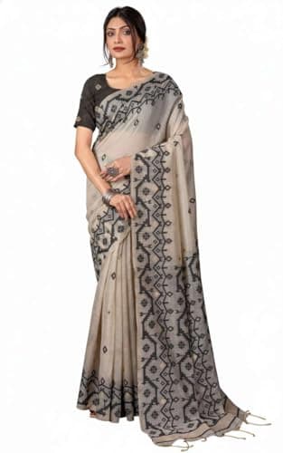 Bengal Looms India - Tantuja Inspired Traditional Karat Needle Nakshi Jaal Work Soft Jamdani Saree with Blouse Piece- Ethnic Wear for Wedding, Festive & Party Occasions