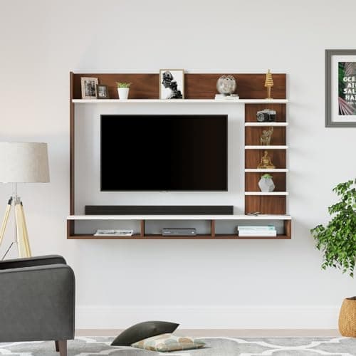BLUEWUD Primax Grande Standard Engineering Wood Wall Mount TV Entertainment Unit Set Top Box Stand/TV Cabinet Panel with Shelves for Books & Décor Display Unit, Ideal for 42" (Brown Maple & White) 3