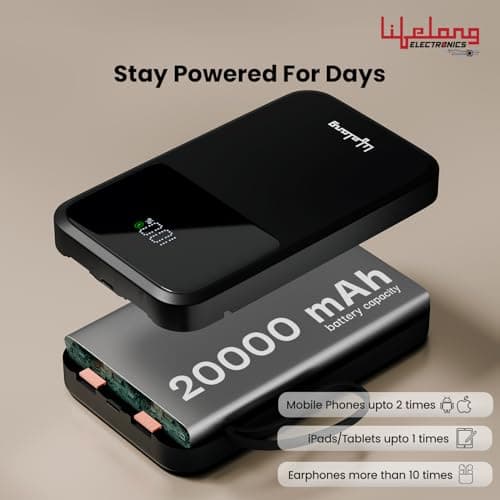 Lifelong Electronics 20000mAh 22.5W Fast Charging Power Bank | 3 Inputs (1 Built-in USB A Cable + 1 C + 1 Lightning Port) & 6 Outputs (3 Built-in Cables + 1 C + 2 A Port) | Small Pocket Size Powerbank 4