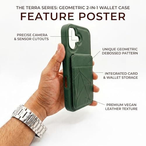 amazon basics Premium Vegan Leather Back Cover with Card Holder and Integrated Mobile Stand for iPhone 17 – Slim Shockproof Wallet Case with Geometric Stitching [Green] 4