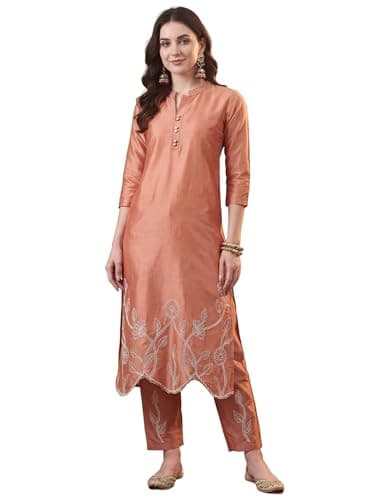 INDO ERA Women's White Pure Cotton Floral Printed Straight Fusion Kurta & Pant Set