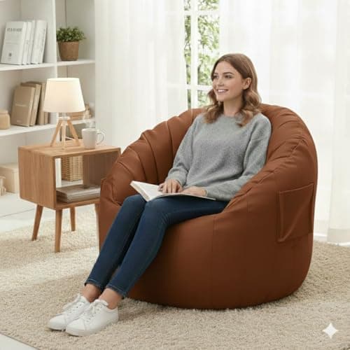 Premium Lounge Bean Bag Sofa-Tan| Ultra-Comfort Leatherette Single Seater Sofa Chair| Modern Living Room Lounger with Side Pocket (Cover Only Without Beans) 5XL-Size (Tan) 2