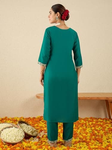 INDO ERA Women's Cotton Blend Yoke Embroidered Straight Fit Kurta & Pant Set (Green_IESTR11588_XX-Large) 4