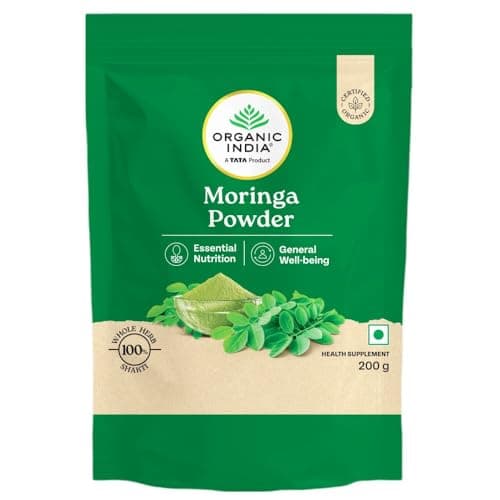 A TATA Product - Organic India Moringa Powder, Dietary Supplement, Superfood, Rich In Vitamins, Minerals & Amino Acids, For Immunity, Digestion & Energy, Gluten Free, Certified Organic, 200g, Pouch