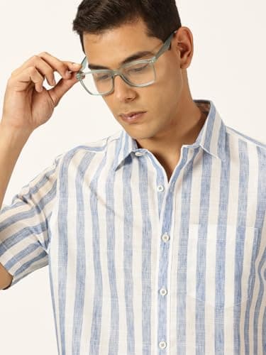 Thomas Scott Mens Half Sleeves Cotton Linen Striped Casual Shirt (TS1375_Blue, S) 6