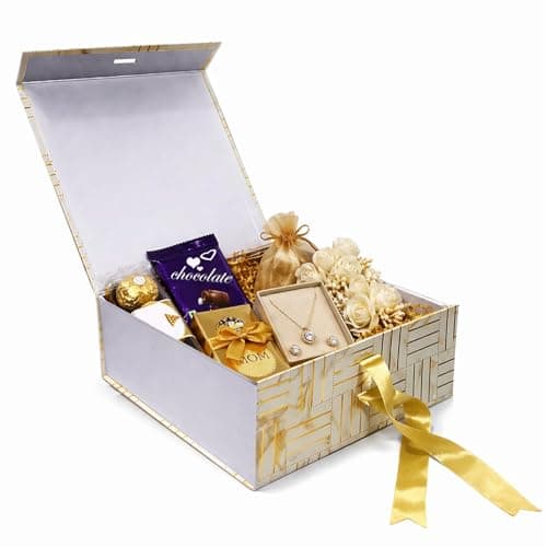 Aakriti Marble Gold Foil Gift Box Medium | 26 x 26 x 10 cm Hamper Box for Gifts, Chocolates & Jewellery Empty Gift Box with Satin Ribbon | Holds Up to 8 kg | Floral White Gold (1 Pack) (1 Pack)