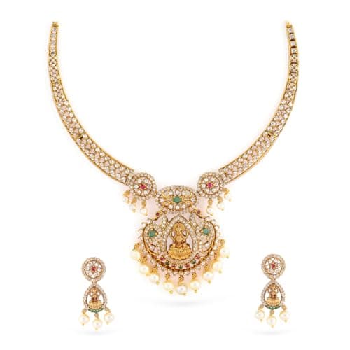 Rubans 22K Gold-Plated Emerald Green, Ruby Pink & White Cubic Zirconia Studded Temple Necklace Set