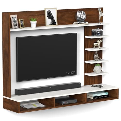 BLUEWUD Primax Grande Standard Engineering Wood Wall Mount TV Entertainment Unit Set Top Box Stand/TV Cabinet Panel with Shelves for Books & Décor Display Unit, Ideal for 42" (Brown Maple & White) 4