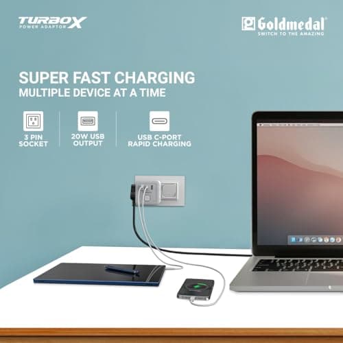 Goldmedal TurboX All-in-One Charging Power Adaptor with Master Switch - White, Pack of 1, Four International sockets with Two USB-A Ports, USB C-Port for Rapid Charging 3