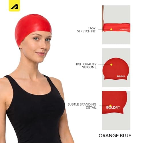 Boldfit Silicone Swimming Cap for Men, Women & Kids - Easy Fit, Long Hair - Red 2
