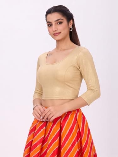 Plus Size Round Neck Stretchable Shimmer Blouse Gold 3/4th Sleeve 3