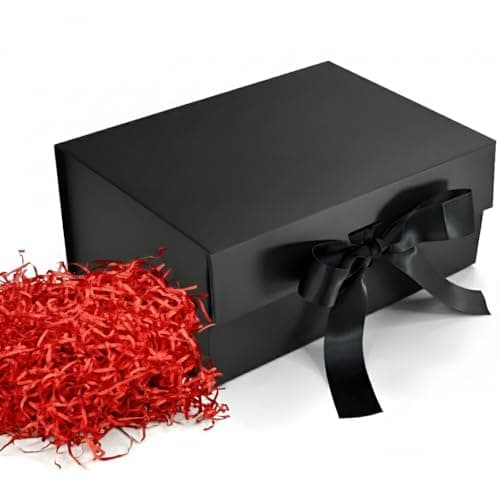 RBS® - Black Gift Box with Red Filler 23x16x10cm Empty Hamper Box for Gifting Holds Upto 5kg Sturdy Cardboard Gift Boxes with 25g Decorative Shredded Paper Birthday, Christmas, Valentine’s Day Packing