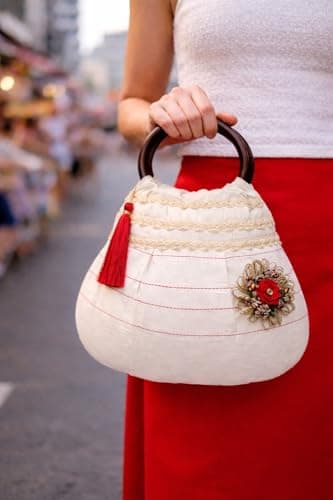 ATHZ Ivora Bloom Handcrafted Cotton Handbag for Women with Wooden Handle, Stylish Indo Fusion Day Bag, Lightweight Casual & Outing Purse with Tassel & Floral Detail (Off white, Red, Brown) 2