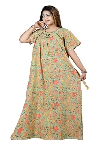 Bejod's Collection Women Pure Cotton Nighty Maxi | Full Length Floral Printed Cotton Night Dress for Women | Soft & Breathable Nightwear Gown Size L to XXL (Green, L) 3