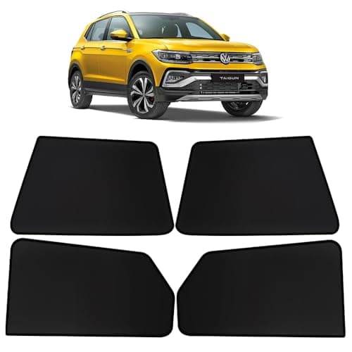 OTO2EYE Car Sun Shade Compatible for Volkswagen Taigun Model-2021 Onwards, Z-Black Fix Type Side Window Curtains, Only Half Cut in Front Window, 4 Pieces Set