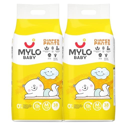 Mylo Baby Diaper Pants Medium (M) Size 7-12 kgs (76 count) Leak Proof | Lightweight | Rash Free | Upto 12 Hours Protection | ADL Technology | with Aloe Vera Lotion (38 Count, Pack of 2)
