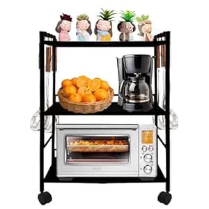 A to Z Hub 3-Tier Heavy Duty Metal Stand with 360° Wheels | 180 Kg Load | 60x36x81 cm | Kitchen Microwave, Oven, OTG, Air Fryer Rack | Bathroom, Study, Living Room Storage Organizer rack with Hooks