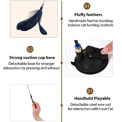 Qpets® Cat Toys for Persian Cat, Interactive Cats Teaser Wand Toys for Kitten with Bell & Feather, Sticky Suction Cup Base Elastic Stick Fun Indoor Pet Playing Accessories 5