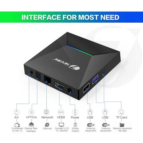 7SEVEN® 4K Android TV Box Amlogic S905W2 Quad-Core CPU 4GB 32GB 2.4G/5G WiFi Bluetooth 5.0v Android 12 OS with OTA Upgrade Support 4K at 30fps, Optical Input for 5.1 Speaker, External Storage Device 5