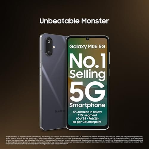Samsung Galaxy M06 5G Mobile (Blazing Black, 4GB RAM, 64GB Storage) | MediaTek Dimensity 6300 | AnTuTu 623K+ | 12 5G Bands | 25W Fast Charging | 4 Gen OS Upgrades | 50MP Camera | Without Charger 2