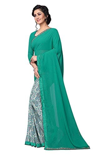RAJESHWAR FASHION WITH RF Women's Half &Half Georgette Printed Saree With Lace & Blouse(A29 FIROZI RAMA_Free Size) 2