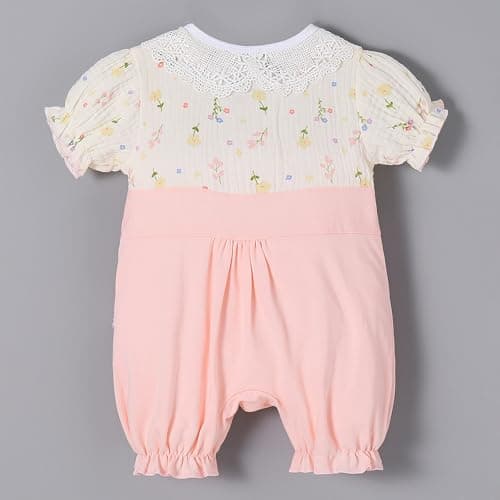 Hopscotch Girls Short Sleeves Pink Lace Collar Floral Cotton Romper For Ages (6-9 Months) 2