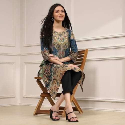 Biba Women Blue Cotton Straight Printed Kurta_40 2