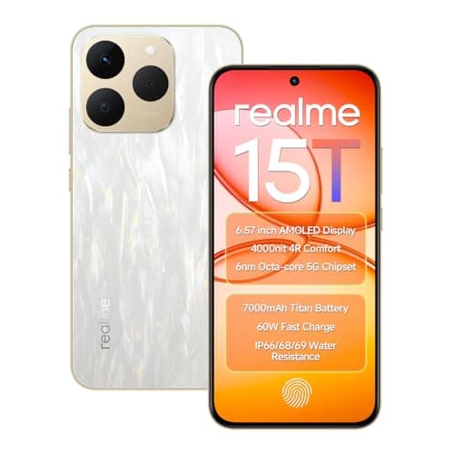 realme 15T 5G Smartphone 7000mAh Battery 6.57 inch 120Hz AMOLED Display 128GB ROM 8GB RAM 60W Fast Charge, IP69 Water Resistance Support Fingerprint GPS Bluetooth Dual Stereo Speakers (Flowing Silver)