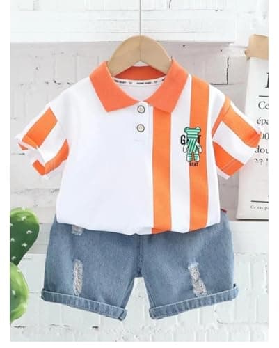 Indhrani Creations Kids Clothes for Boys | Printed Cotton Striped Polo Tshirt and Shorts Clothing Set | Stylish Baby Boy Dress Outfit (Orange, 3-4 year) 2