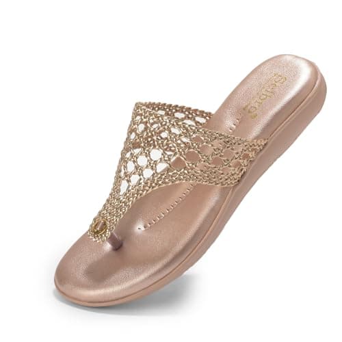 SELBRO Women's Flat Heel T-Strap Fashion Sandals | Stylish Woven Design Thong Slippers for Weddings, Parties & Festive Occasions | Cushioned Comfort Footwear SLB-SLP135