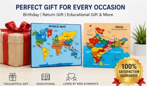 AAROSIYA Kids Wooden India and World Map Educational Puzzle Combo, Jigsaw and Brain Teaser, Non-Toxic, Enhances Motor Skills, 27 cm, 2 Pieces 2
