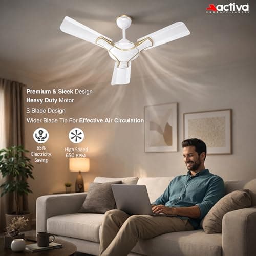 ACTIVA Corolla Pearl Ivory 900mm Ceiling Fan | 650 RPM High Speed | 36 Inch Sweep | Anti-Dust Coating | BEE & BIS Approved | 2-Year Warranty 3
