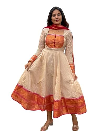 Chanderi Cotton Fabric Anarkali Dress Set with Jacquard Weaving and Zari Border, Traditional Indian Ethnic Wear Gown for Weddings, Festivals, and Special Occasions (Women, Cream Red, L)