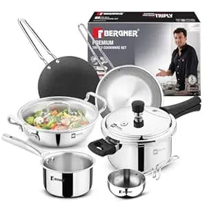 Bergner Tripro 7 Pcs Triply Cookware Set - 3L Outer Lid Pressure Cooker, 24cm/3.1L Kadai, 24cm/1.5L Frypan, Common Lid, 14cm/1.25L Saucepan, 26cm Roti Tawa, 12cm/500ml Tadka Pan - Induction Compatible