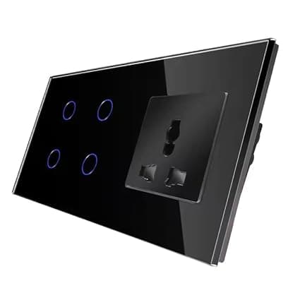 QNQ SMART WiFi TOUCH SWITCH 3 SWITCHES + 1 UNIVERSAL SOCKET (10 amps each) 800 WATT/SWITCH GLASS : Elevate Your Home with Effortless Control Home Automation. fits in 4 module concealed board (BLACK)