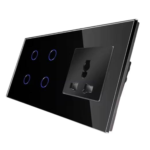 QNQ SMART WiFi TOUCH SWITCH 3 SWITCHES + 1 UNIVERSAL SOCKET (10 amps each) 800 WATT/SWITCH GLASS : Elevate Your Home with Effortless Control Home Automation. fits in 4 module concealed board (BLACK)