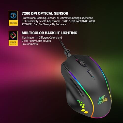 Ant Esports GM600 RGB Wired Gaming Mouse 7200 DPI Optical Sensor 6 Adjustable DPI Levels 7 Programmable Buttons HUANO 50M Click Switches 14 RGB Modes Ergonomic USB Mouse for PC Laptop Gaming & Office 3