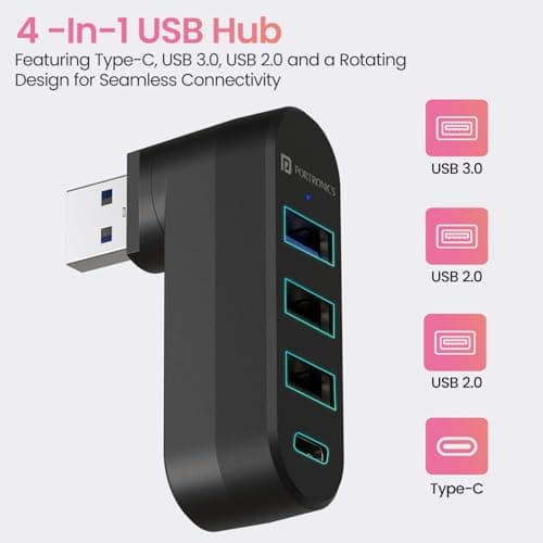 Portronics MPort Spin 4-in-1 USB Hub Dock with Type-C, USB 3.0 SuperSpeed, Rotating USB Plug, 2-Port USB 2.0 High-Speed, for Laptop, PC (Black) 2