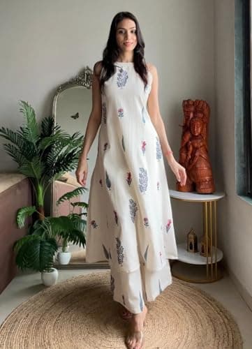 Klosia Women Pure Cotton Kurta Palazzo Set | Sleeveless Printed Kurta with Palazzo Pants | Summer Friendly, Office Wear Co-Ord Set White 2