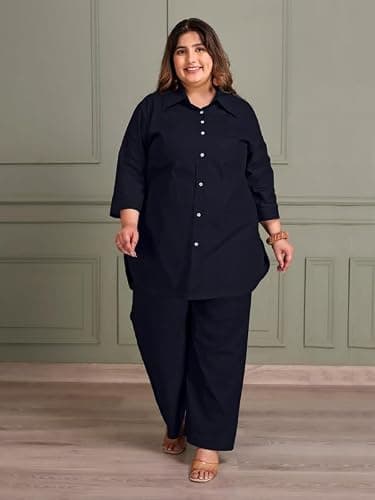 TITTLI Women Plus Size Cotton Co-Ord Set | Collared Shirt & Trouser Set | 3/4 Sleeve Tunic Shirt | Elastic Waistband with 2 Pockets Pants | Casual Wear Outfit | 3XL to 6XL Navy Blue 2