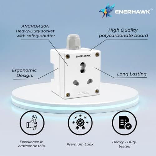 ENERHAWK Heavy Duty Extension Board 20amp 3500 watt | high load capacity electric extension cord power strip 1 meter copper cable | 20 amp socket for AC refrigerator, geyser, ev charger charging, oven 2