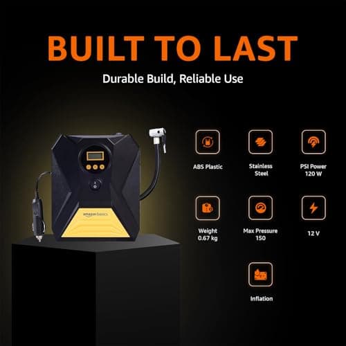 Amazon Basics Portable DC Digital Tyre Inflator for Cars & Bikes| 12V DC | 150 PSI Air Pump with Digital Pressure Gauge, Auto Shut Off and Emergency LED Light | 3M Cable Length, 3 Nozzles, Extra Fuse 2